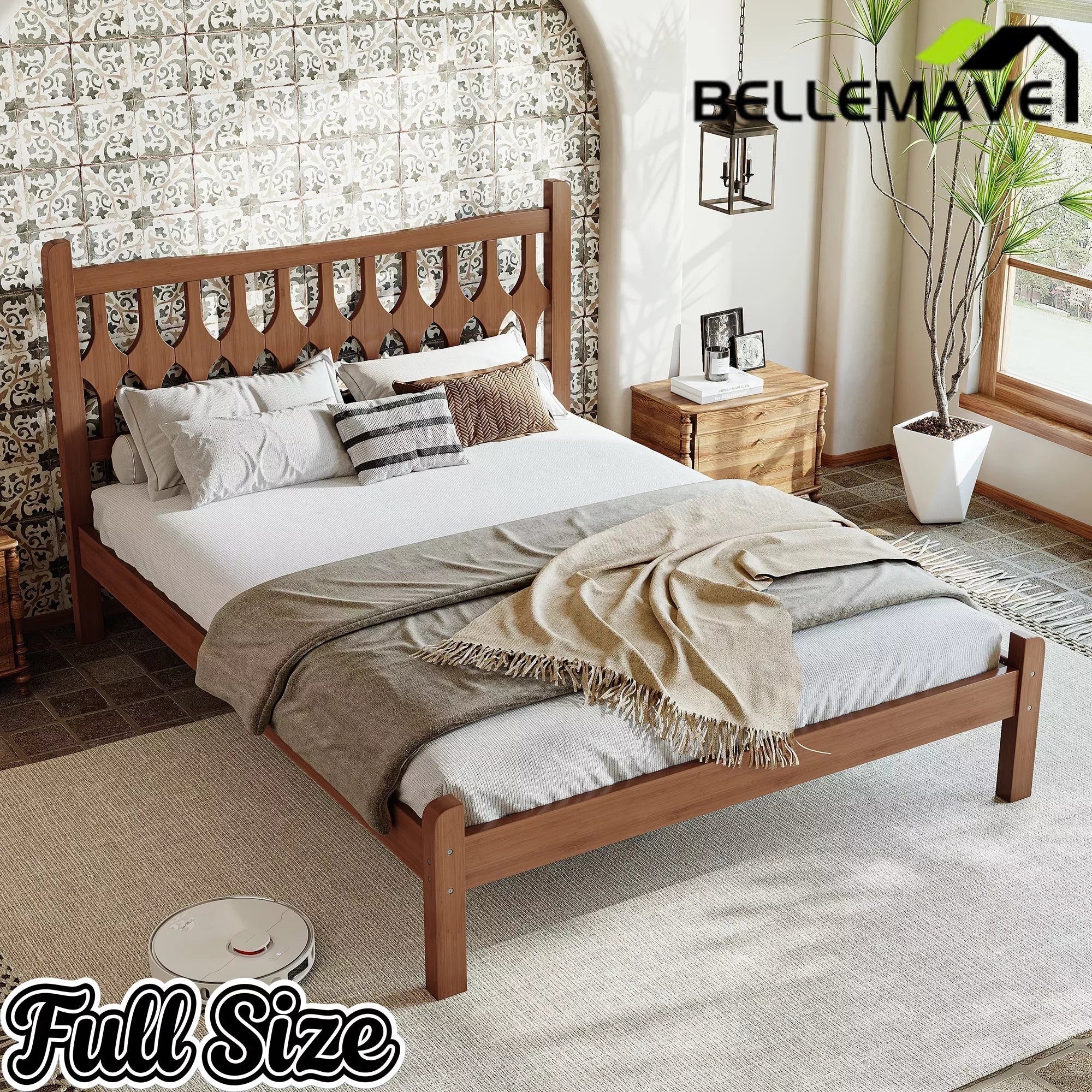 Bellemave® Bamboo Platform Bed with Diamond-shaped headboard, Solid Bamboo-made Bed Frame with Support Slats, for Bedroom, Guest Rooms, Brown Bellemave®