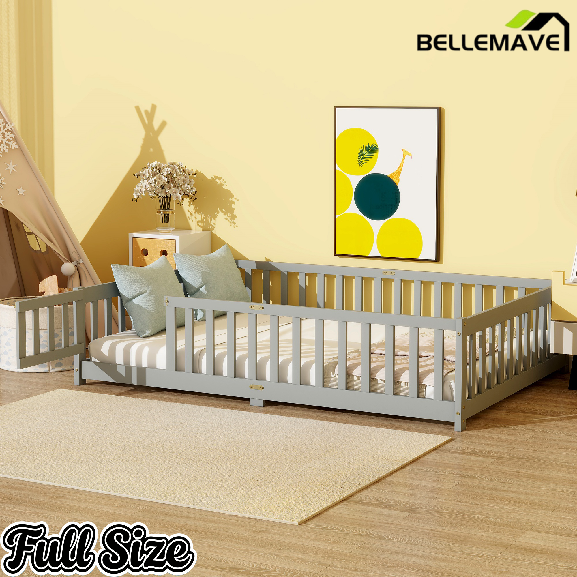 Bellemave® Twin Size Montessori Floor Bed for Kids,Twin Floor Bed Frame with Slats,Solid Wood Twin Bed Frame for Girls Boys,Grey Bellemave®