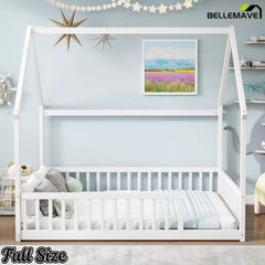 Bellemave® white wooden full house floor bed frame with safety fenc