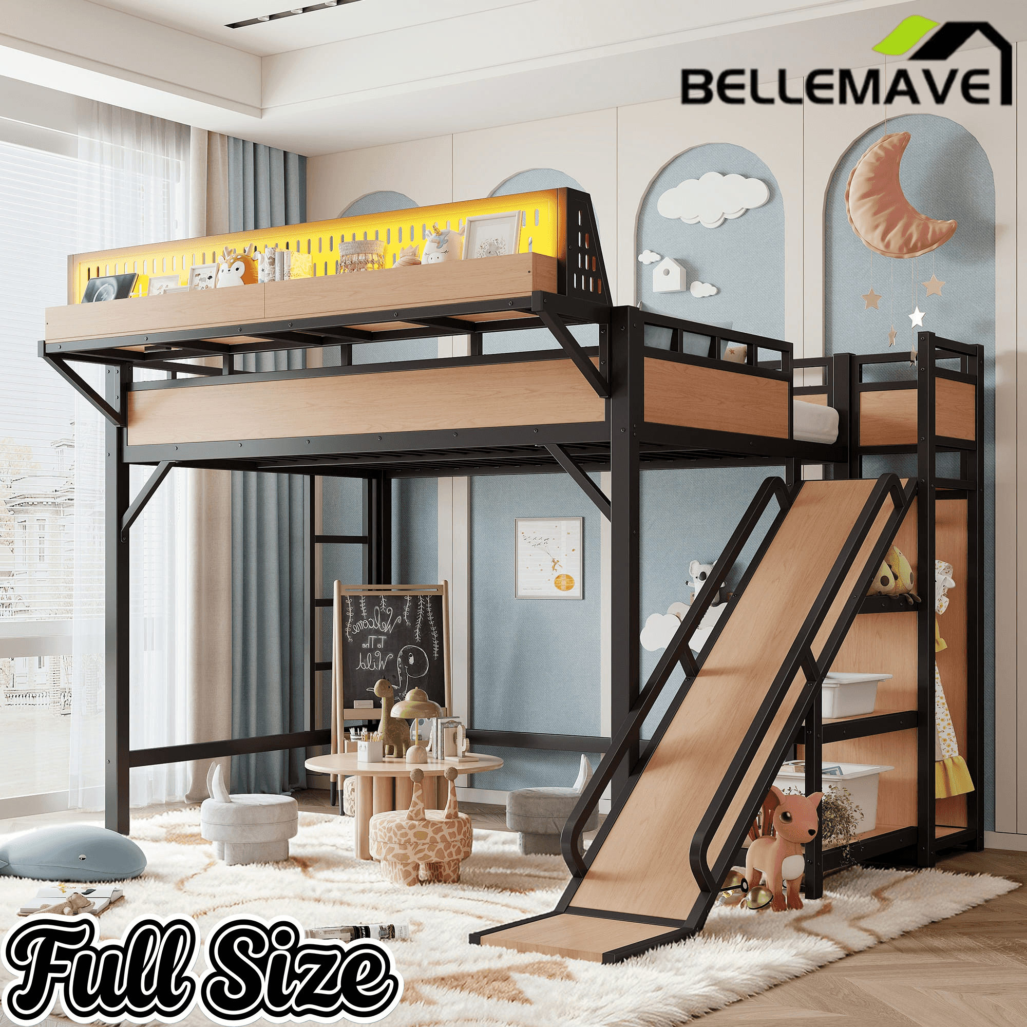Bellemave® Loft Bed with Ladder, Storage Shelves & Slide,Wardrobe & Pegboard, Metal Loft Bed Frame with USB Ports & LED Lights Bellemave®