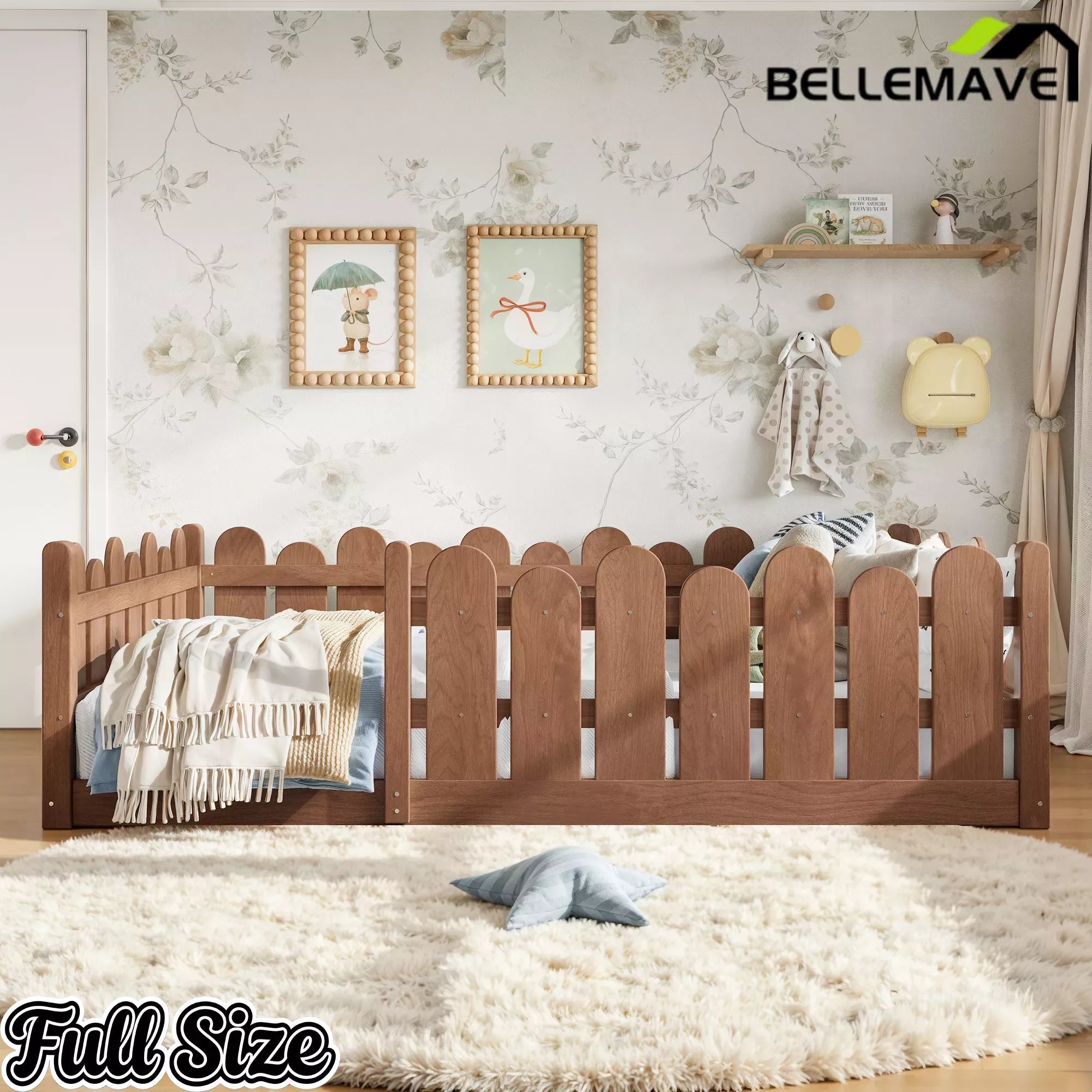 Bellemave® Kids Montessori Floor Bed with Rounded Safety Guardrail,Solid Wood Montessori Bed for Girls & Boys Bellemave®