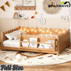 Bellemave® Solid Wood Montessori Floor Bed with High Fence Guardrails, Bookshelf & LED Light, Low Profile Kids Bed Frame Bellemave®