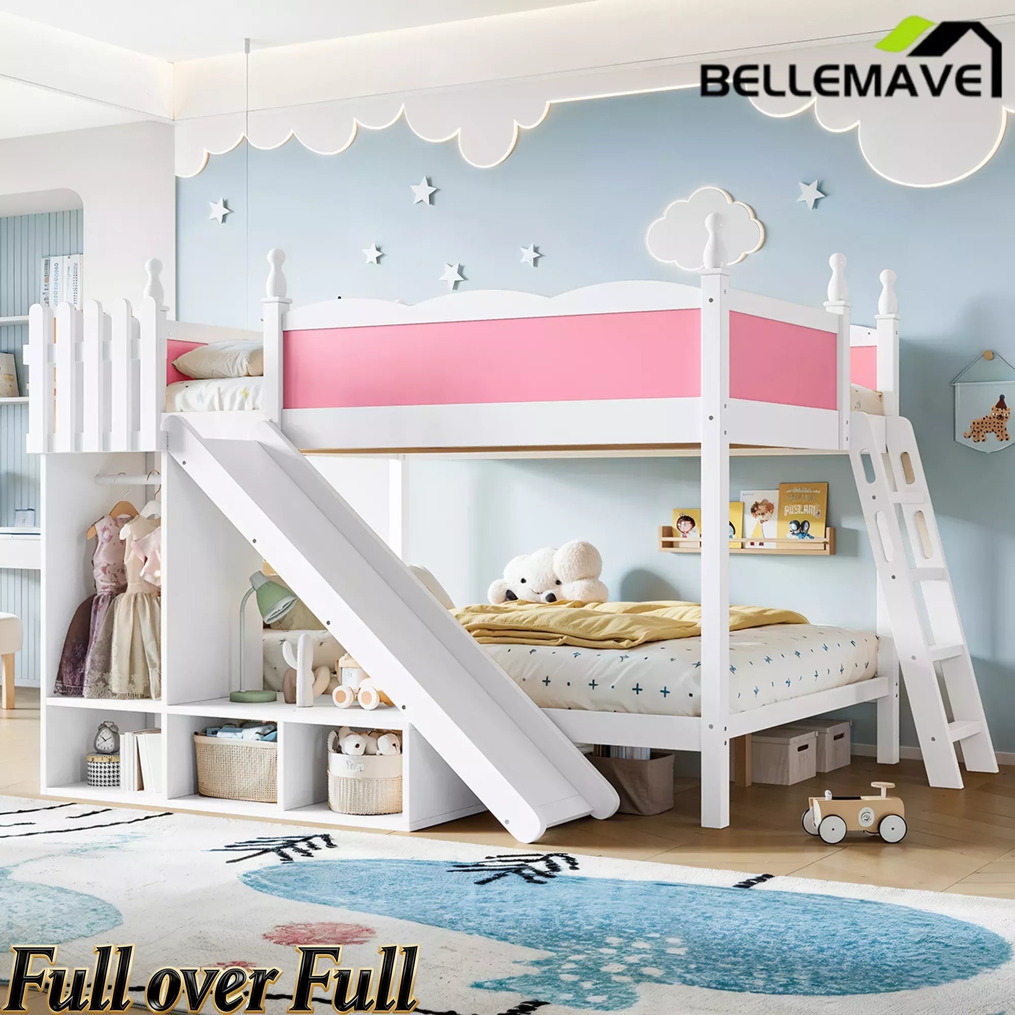 Bellemave® Full over Full Bunk Bed with Storage Shelves,Solid Wood Bed with Slide & Ladders, Low Profile Design Bellemave®
