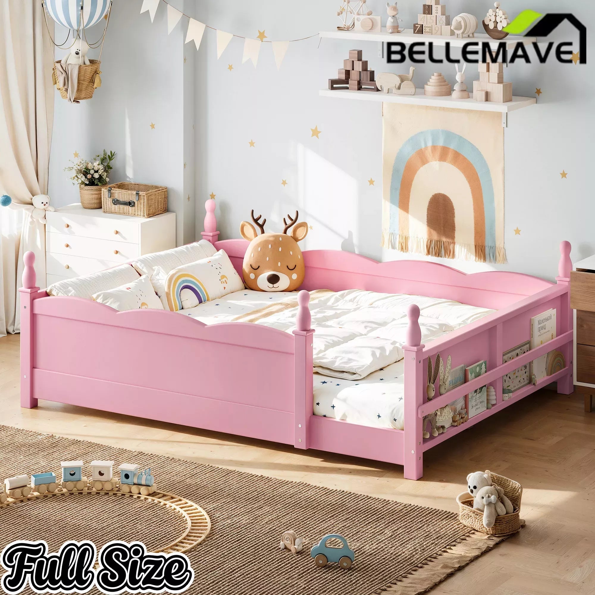 Bellemave® Floor Bed with Bookshelf & Safety Guardrails for Kids, Wooden Montessori Bed Frame with Childlike Design for Girls Boys Bellemave®