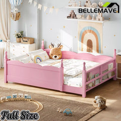 Bellemave® Floor Bed with Bookshelf & Safety Guardrails for Kids, Wooden Montessori Bed Frame with Childlike Design for Girls Boys Bellemave®