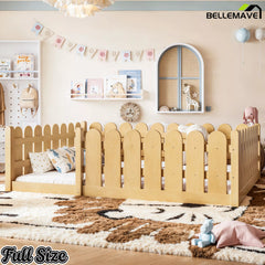 Bellemave® Solid Wood Montessori Floor Bed with Fence Guardrails, Low Profile Kids Floor Bed Frame
