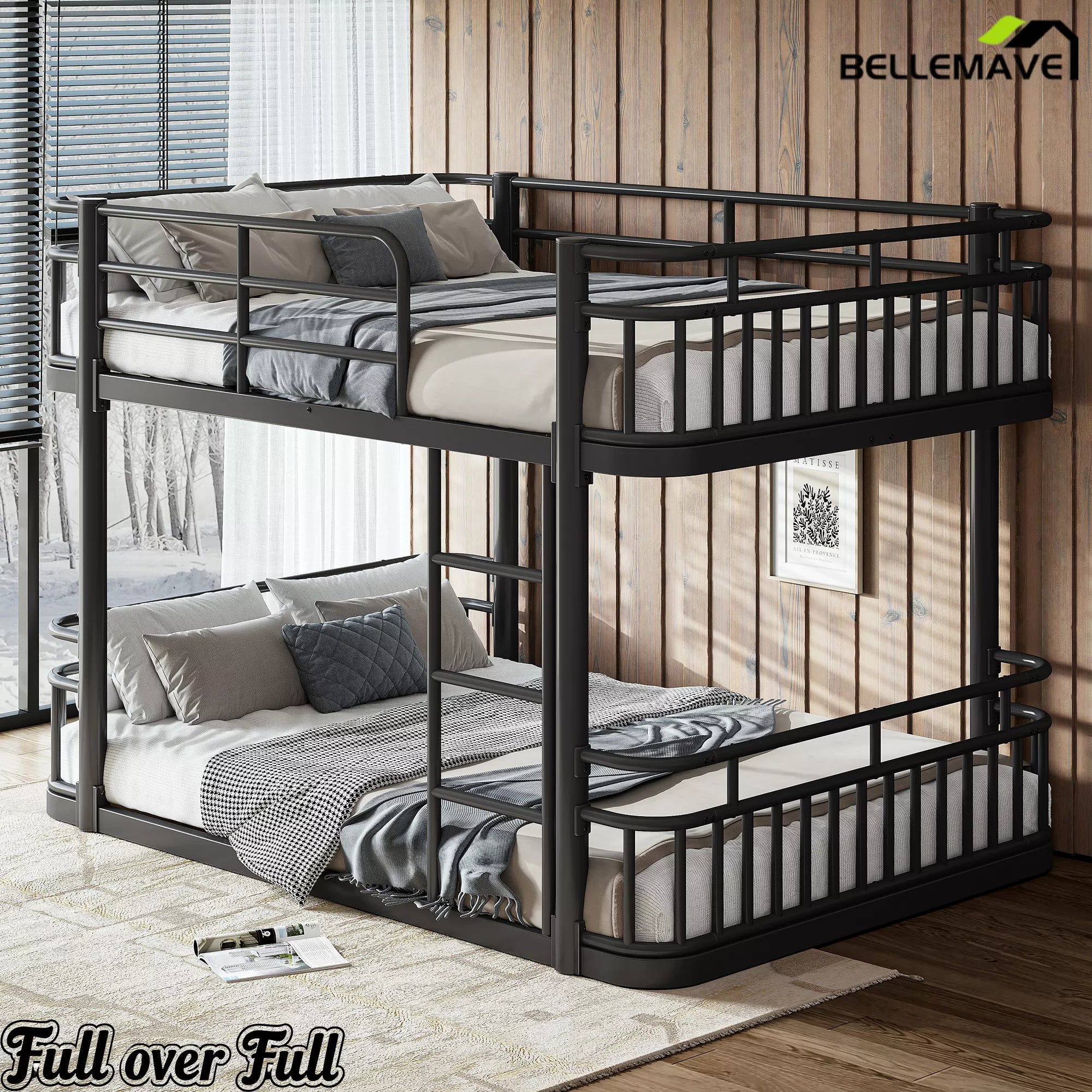 full bunk bed with metal ladder and guardrails