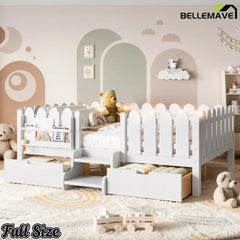 Bellemave® Kids Platform Bed with Guardrail, Bookshelf, Stairs & LED Lights