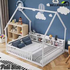 Bellemave® Wood House Floor Bed with Storage Shelves,Built-in LED Lights & Charging Station, Montessori Bed with Rails, No slats Bellemave®