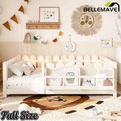 Bellemave® Solid Wood Montessori Floor Bed with High Fence Guardrails, Bookshelf & LED Light, Low Profile Kids Bed Frame Bellemave®