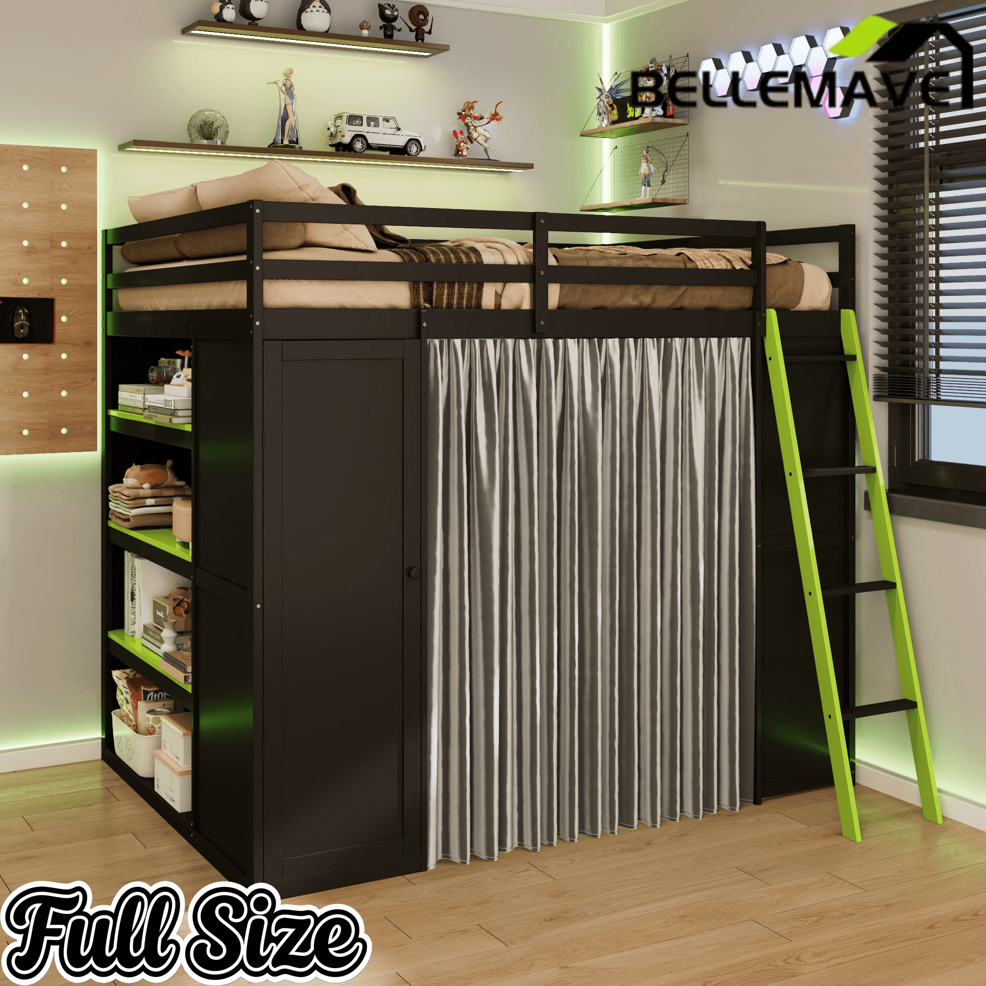Bellemave® Full Gaming Loft Bed with Wardrobe & Desk & Charging Station & RGB Light,Wood Loft Bed Frame with Storage Shelves,Curtains & DIY Pegboard,Black Green Bellemave®