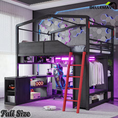 Full Size Gaming Loft Bed with LED Lights