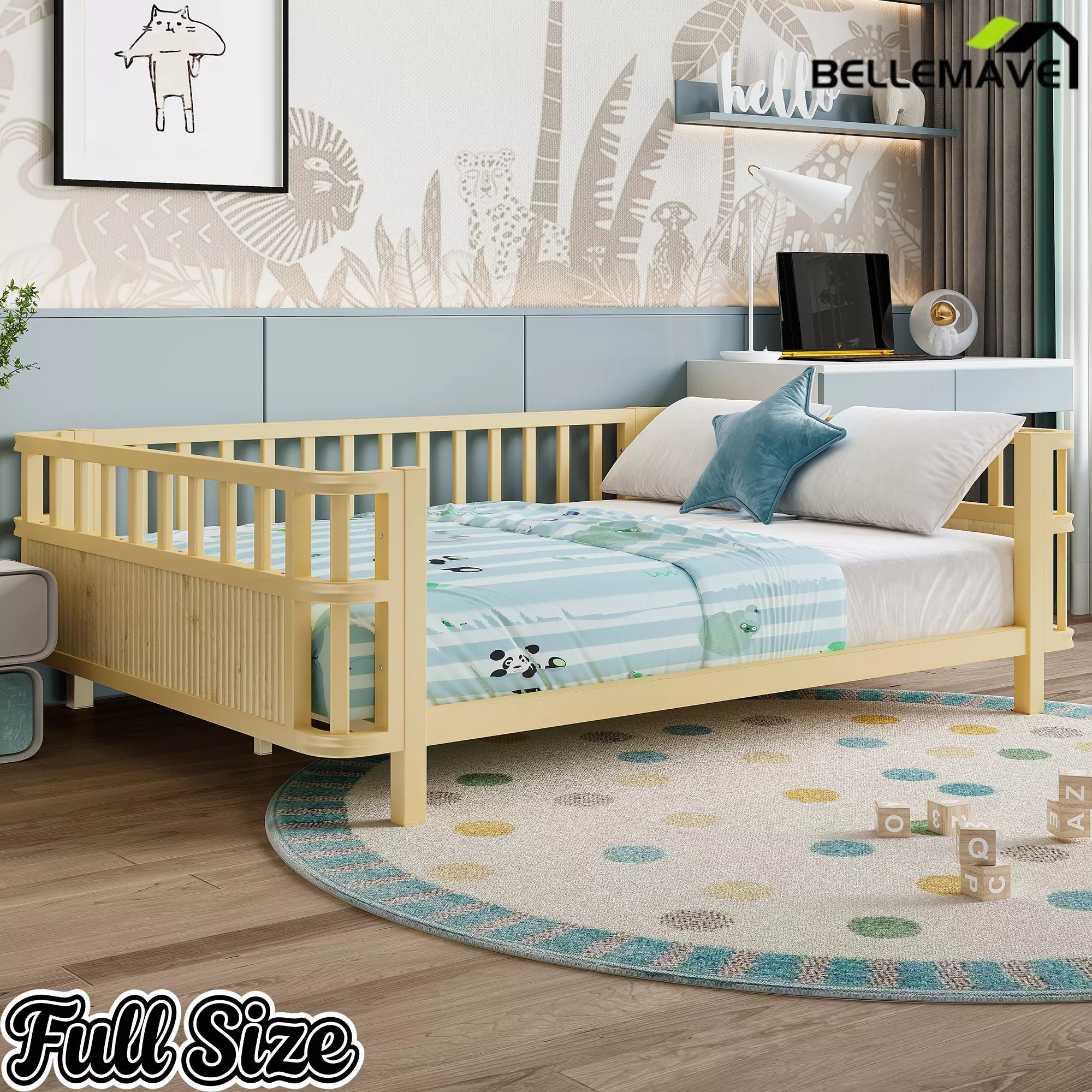 Bellemave® Montessori Floor Bed Frame with Removable Safety Rails – Solid Wood Low Profile Platform Bed for Kids Bellemave®