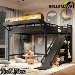 Bellemave® Loft Bed with Ladder, Storage Shelves & Slide,Wardrobe & Pegboard, Metal Loft Bed Frame with USB Ports & LED Lights Bellemave®