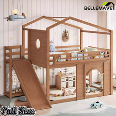 Bellemave® House Loft Bed with Slide, Bookshelves & Built-in Wardrobe | Natural Wood Playhouse Bunk Bed for Kids Bellemave®