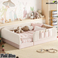 Bellemave® Kids Upholstered Floor Bed with Full Surround Safety Rails, Montessori Low Profile Bed with Teddy Fleece Frame & Side Storage Pocket