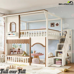 full over full bunk bed with bookshelf and storage stairs