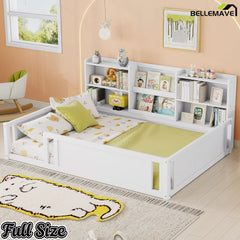 Full size kids floor bed with built-in side storage shelves