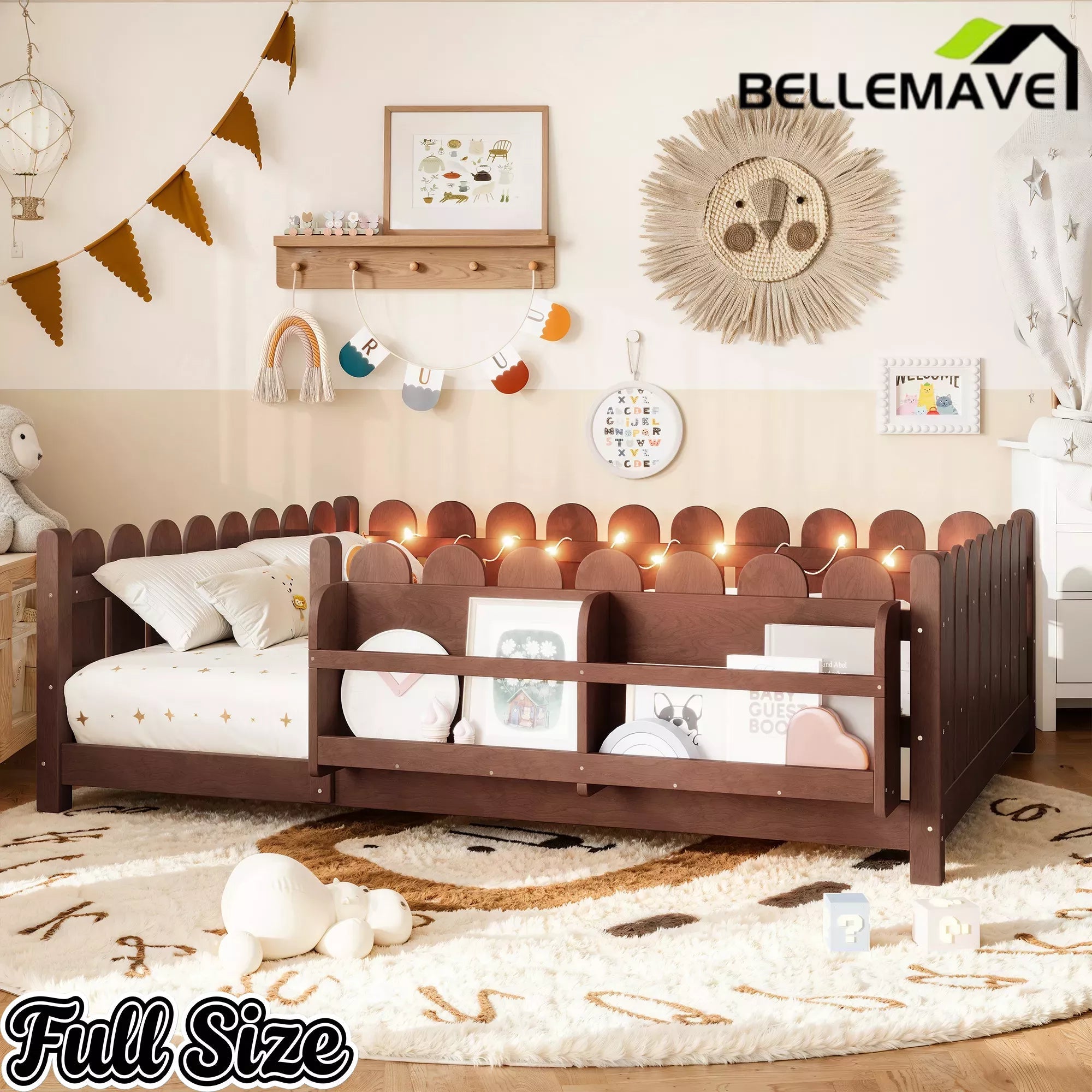 Bellemave® Solid Wood Montessori Floor Bed with High Fence Guardrails, Bookshelf & LED Light, Low Profile Kids Bed Frame Bellemave®