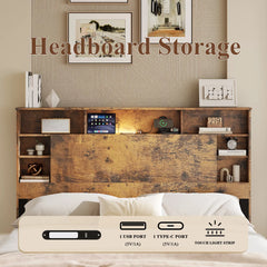 Full Size Bed Frame with Charging Station LED Lights and Storage Headboard
