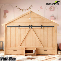 Bellemave® Farmhouse House Bed with Sliding Barn Door, Storage Drawers & Staircase, Wooden Kids House Bed Frame with Light