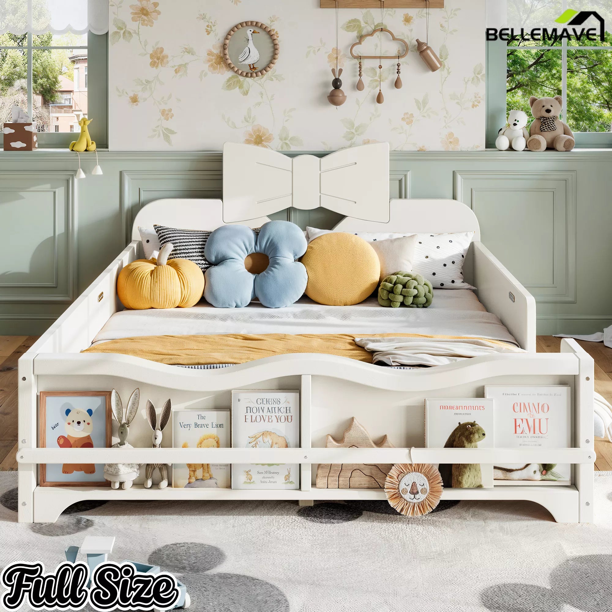 Front view white full size kids wooden bed, decorative bow headboard, wavy safety rails and footboard bookshelf for girl room