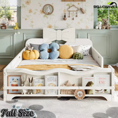 Front view white full size kids wooden bed, decorative bow headboard, wavy safety rails and footboard bookshelf for girl room