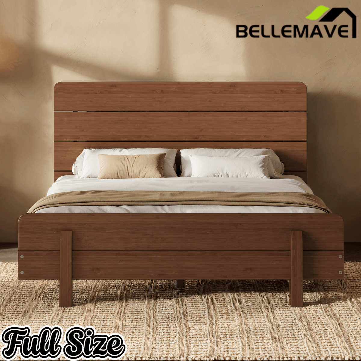 Bellemave® Bamboo Platform Bed with Modern Headboard, Bamboo Bed Frame Construction, Reinforced Support Slats Design No Box Spring Required,Brown