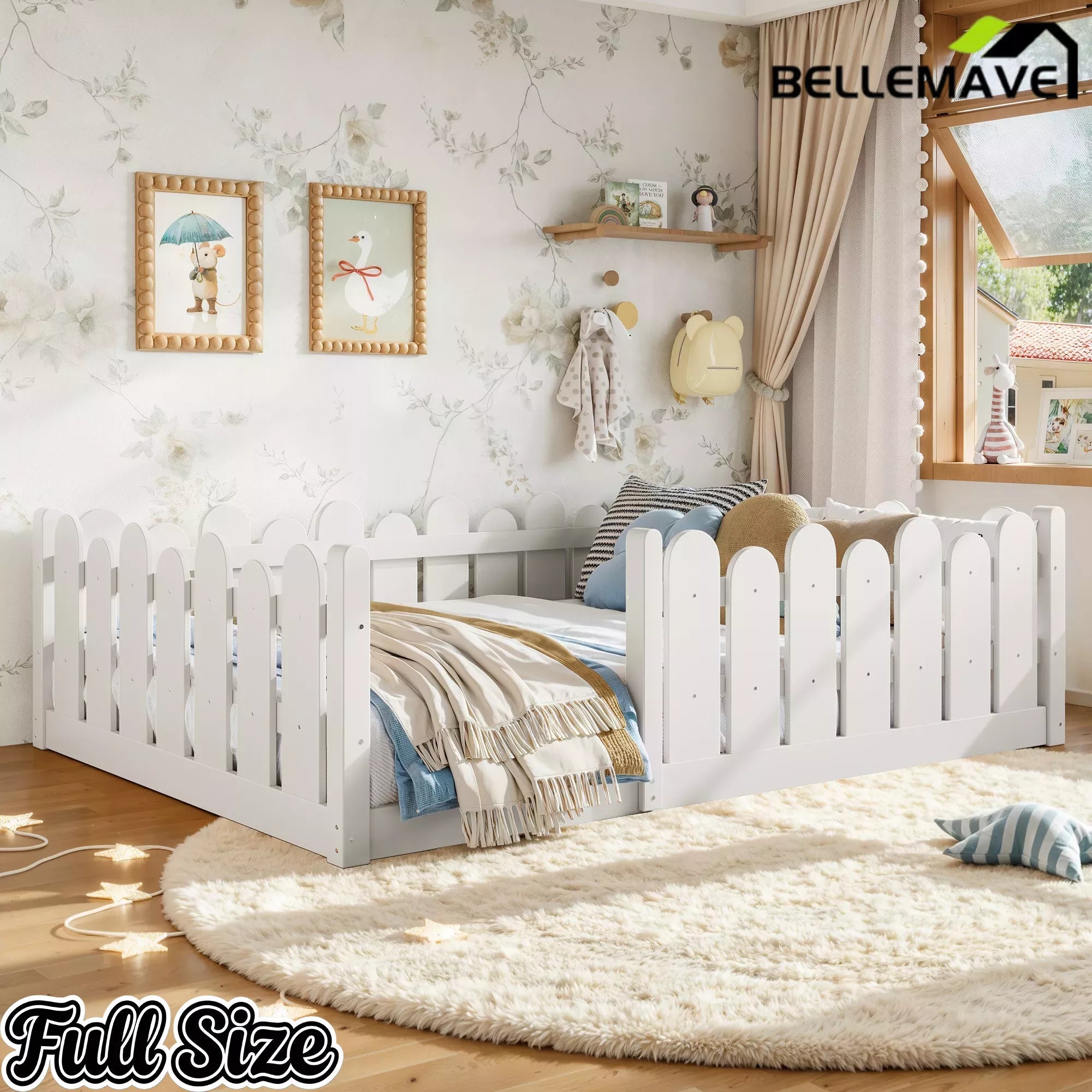 Bellemave® Kids Montessori Floor Bed with Rounded Safety Guardrail,Solid Wood Montessori Bed for Girls & Boys Bellemave®