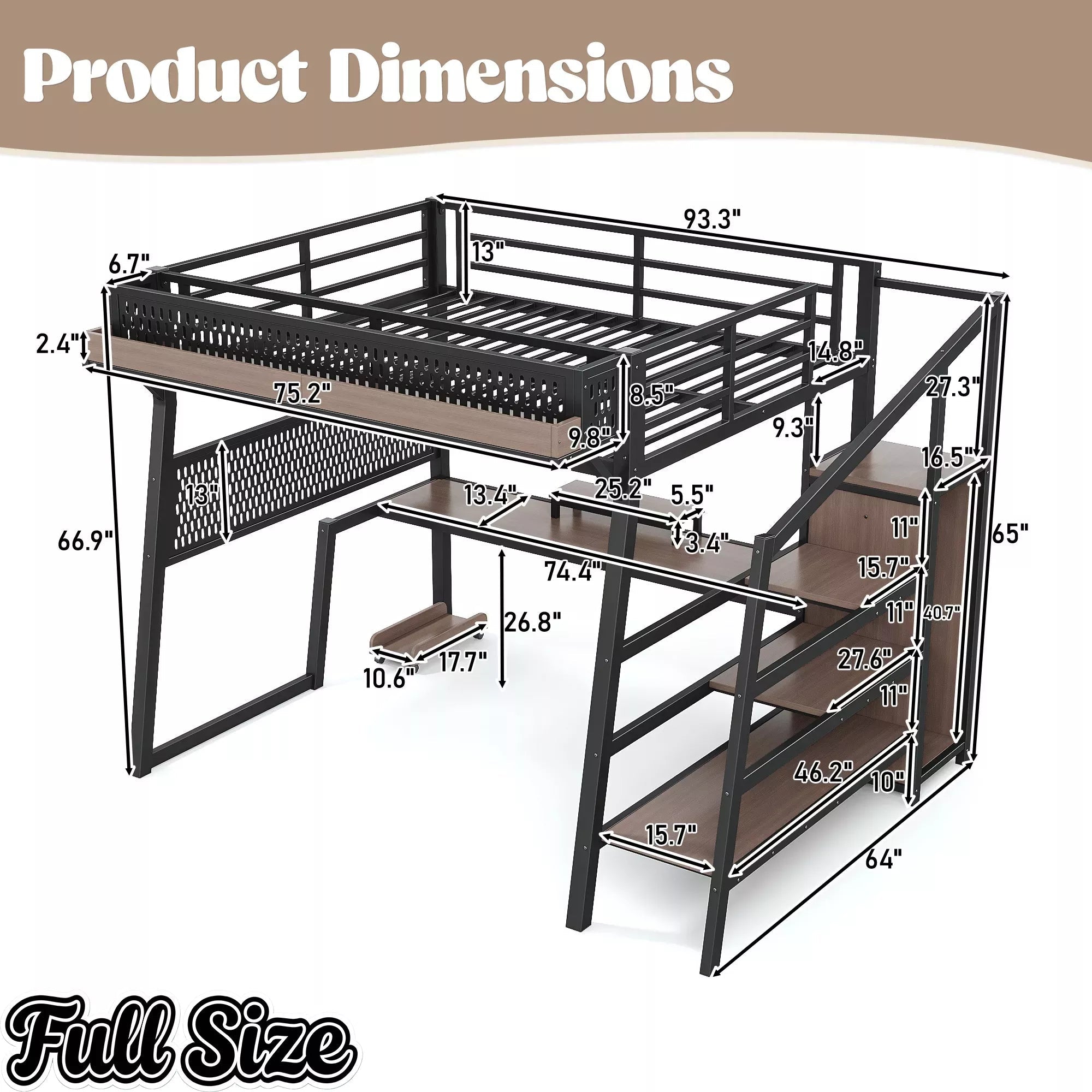 Bellemave® Metal Loft Bed with Storage Stairs, USB Ports, LED Lights, Pegboard & Built-in Wardrobe, Noise-Reduced Design, Black Bellemave®