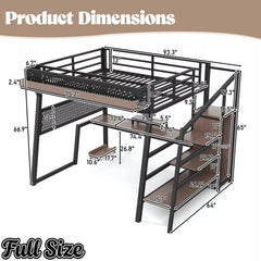 Bellemave® Metal Loft Bed with Storage Stairs, USB Ports, LED Lights, Pegboard & Built-in Wardrobe, Noise-Reduced Design, Black Bellemave®