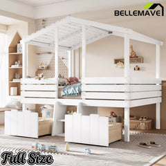 Bellemave® House Bed with Stairs & Storage Drawers for Kids, Wood Low Loft Bed Frame, House-shaped Roof, Childlike Design, Farmhouse Style Bellemave®