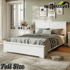 Bellemave® Platform Bed with Chic Design Headboard, Modern Full Bed Frame with Wood Slats Support, Low Profile Design, White