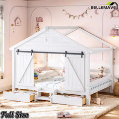 Bellemave® Farmhouse House Bed with Sliding Barn Door, Storage Drawers & Staircase, Wooden Kids House Bed Frame with Light
