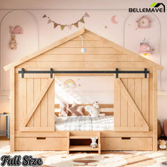 Bellemave® Farmhouse House Bed with Sliding Barn Door, Storage Drawers & Staircase, Wooden Kids House Bed Frame with Light