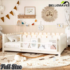 Bellemave® Solid Wood Montessori Floor Bed with High Fence Guardrails, Bookshelf & LED Light, Low Profile Kids Bed Frame Bellemave®