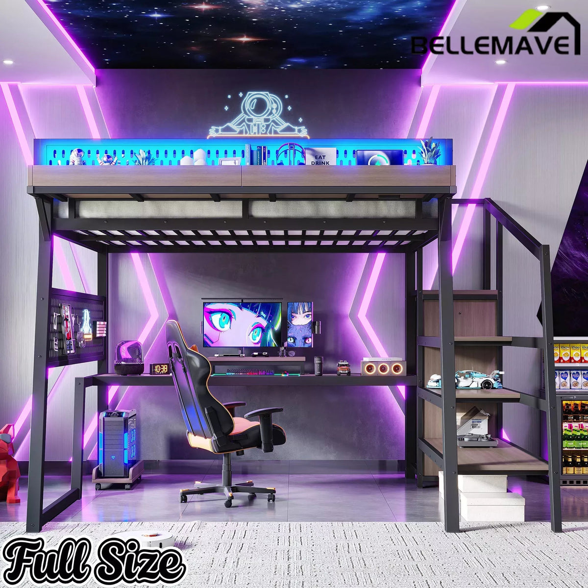 Bellemave® Metal Loft Bed with Storage Stairs, USB Ports, LED Lights, Pegboard & Built-in Wardrobe, Noise-Reduced Design, Black Bellemave®