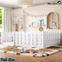 Bellemave® Solid Wood Montessori Floor Bed with Fence Guardrails, Low Profile Kids Floor Bed Frame
