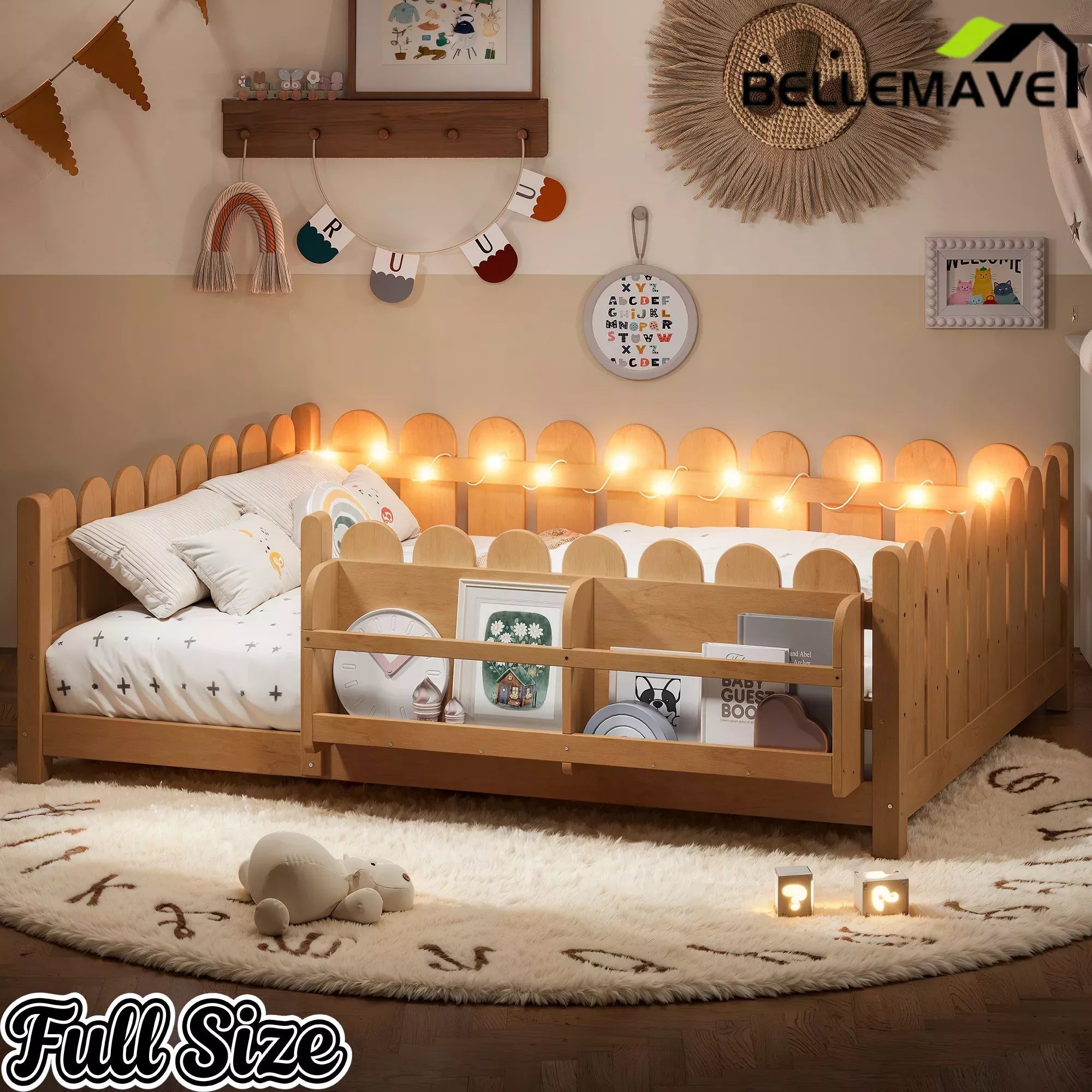 Bellemave® Solid Wood Montessori Floor Bed with High Fence Guardrails, Bookshelf & LED Light, Low Profile Kids Bed Frame Bellemave®