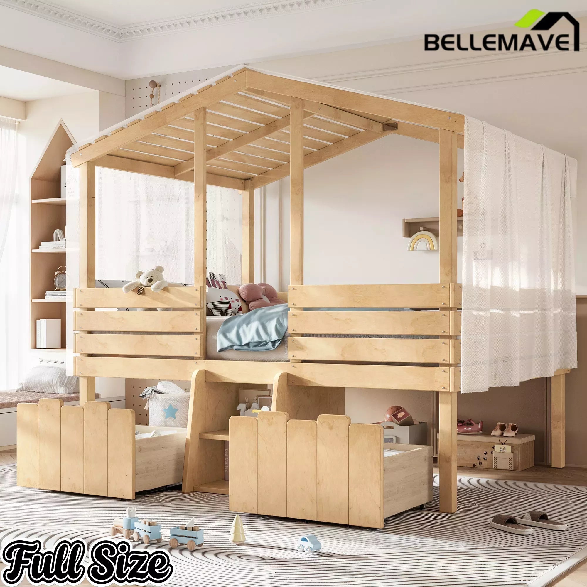 Bellemave® House Bed with Stairs & Storage Drawers for Kids, Wood Low Loft Bed Frame, House-shaped Roof, Childlike Design, Farmhouse Style Bellemave®