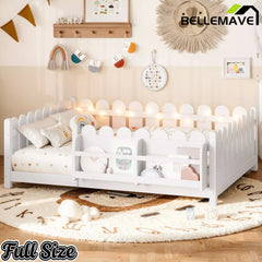Bellemave® Solid Wood Montessori Floor Bed with High Fence Guardrails, Bookshelf & LED Light, Low Profile Kids Bed Frame Bellemave®