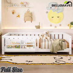 Bellemave® Kids Montessori Floor Bed with Safety Guardrails, Built-in Bookcase & Wooden Slats — Twin, Full, Queen Sizes Bellemave®