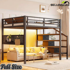 Bellemave® Loft Bed with Movable Desk, Storage Stairs & Shelves, Metal Bed with LED Lights, USB Ports, Multifunctional Iron Nets for Adults, Kids, Teens Bellemave®