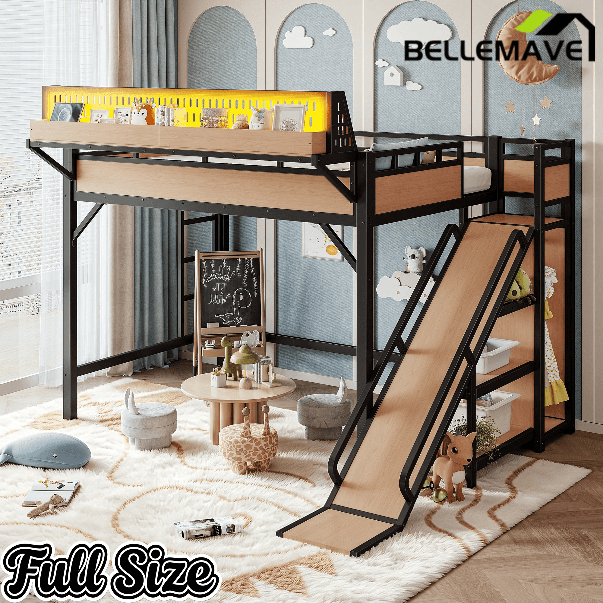 Bellemave® Loft Bed with Ladder, Storage Shelves & Slide,Wardrobe & Pegboard, Metal Loft Bed Frame with USB Ports & LED Lights Bellemave®