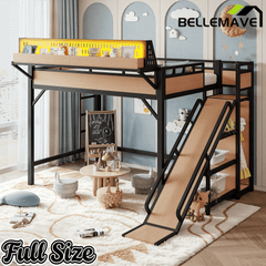 Bellemave® Loft Bed with Ladder, Storage Shelves & Slide,Wardrobe & Pegboard, Metal Loft Bed Frame with USB Ports & LED Lights Bellemave®