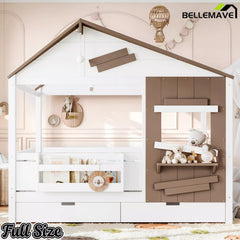 Bellemave® Wooden Farmhouse House Bed with Storage Drawers, Window Shelf & Side Hooks, Kids Playhouse Floor Bed