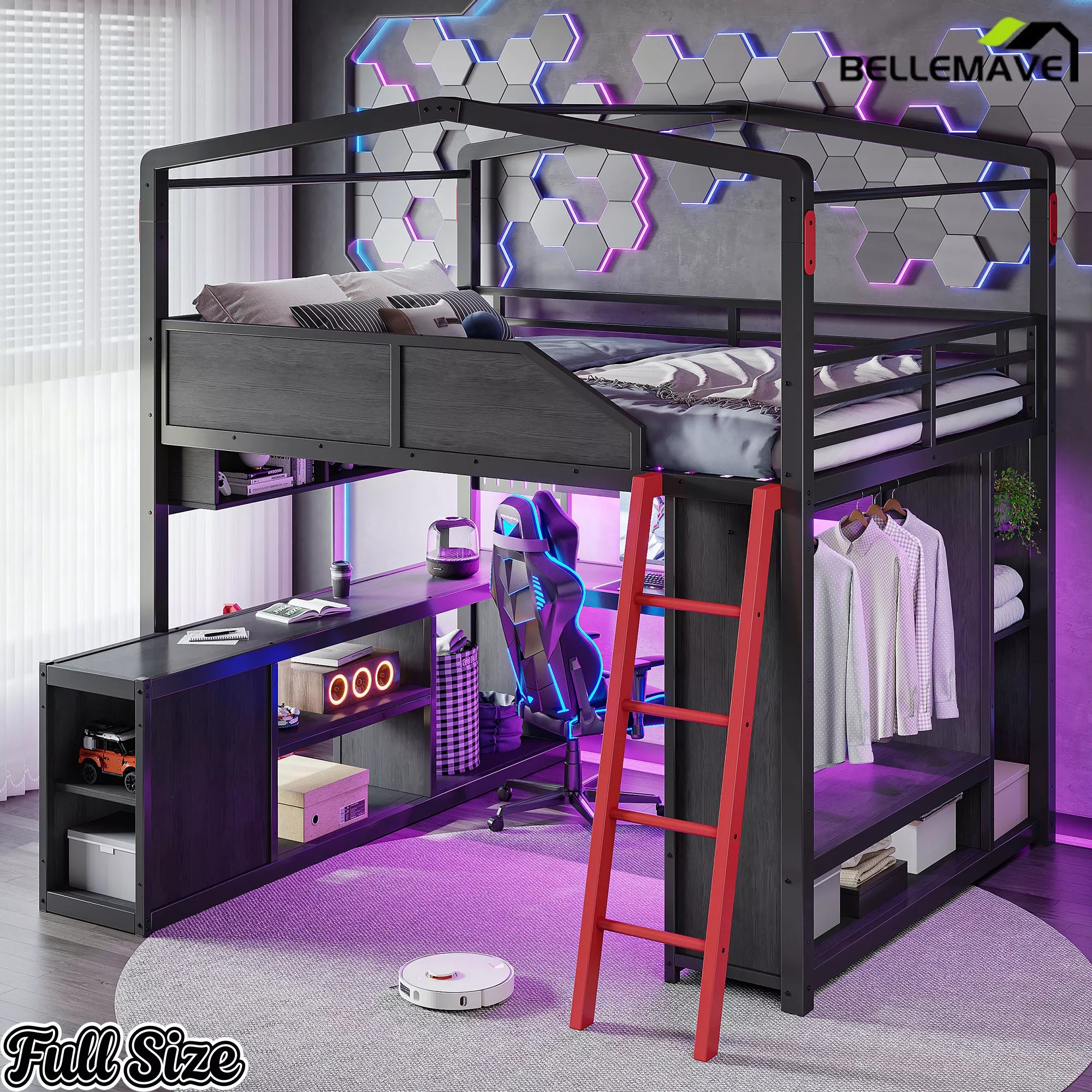 Full Size Loft Bed with Closet and Storage Shelf