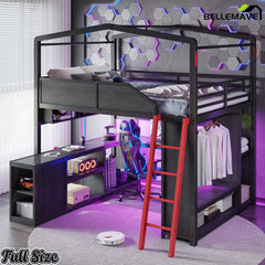 Full Size Loft Bed with Closet and Storage Shelf