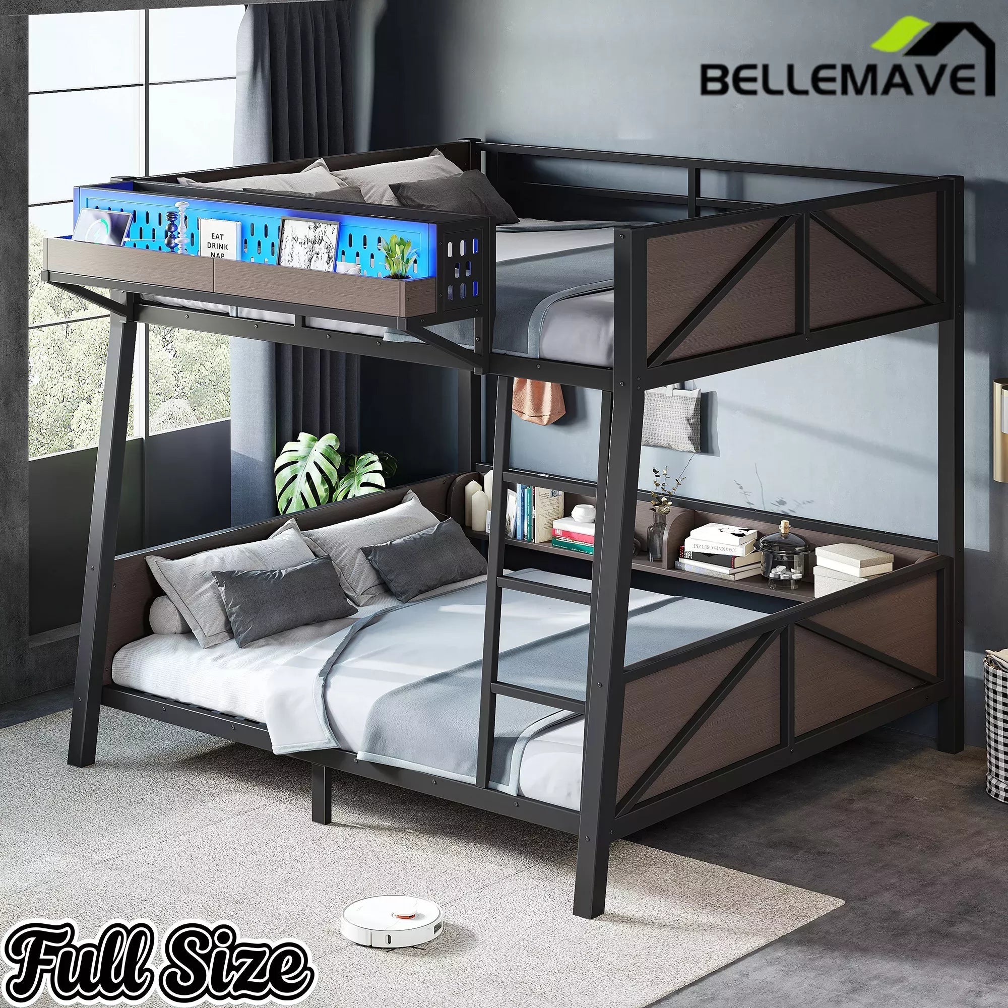 Bellemave® Heavy Duty Metal Bunk Bed Frame with Storage Shelves, LED Lights & USB Ports, Black Bellemave®