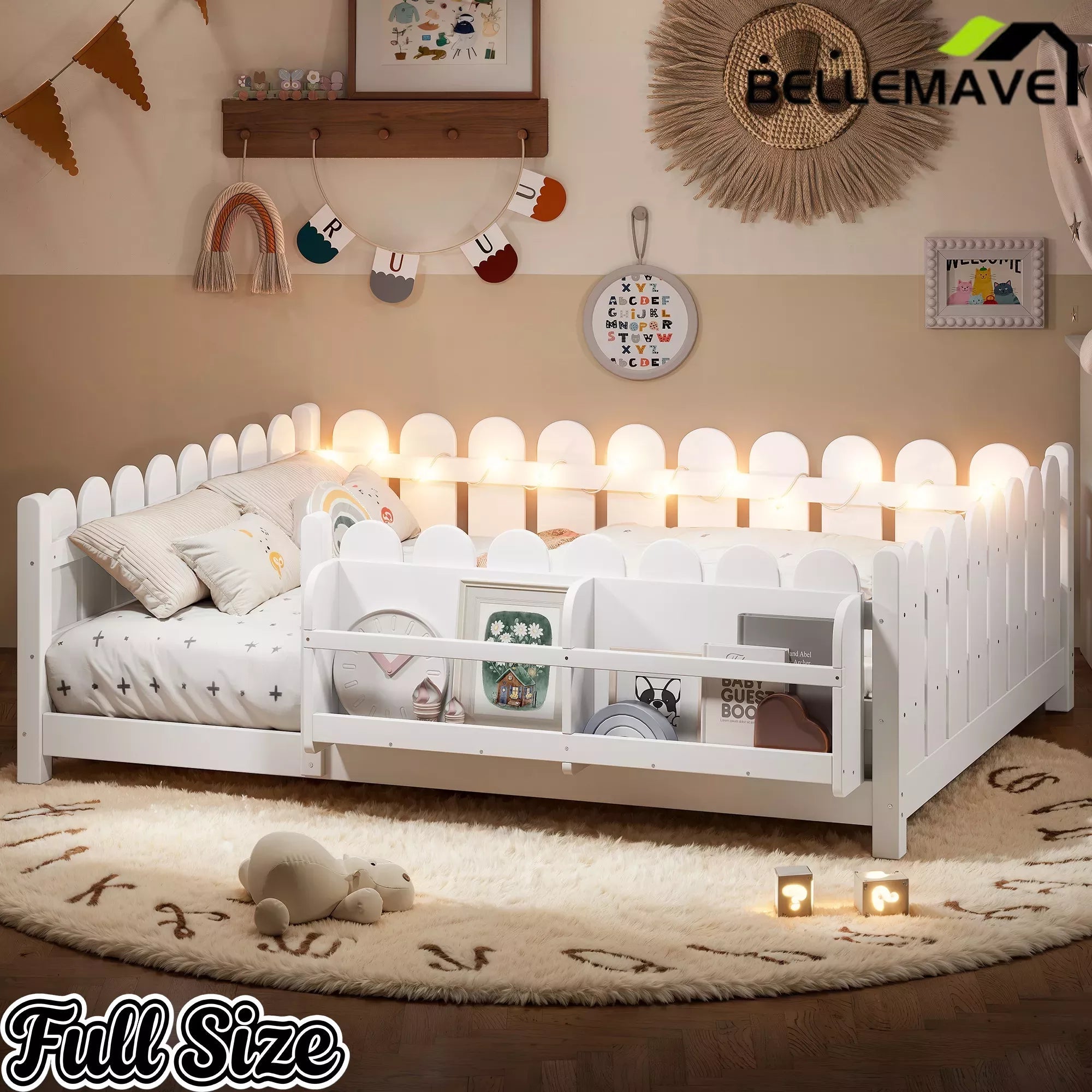 Bellemave® Solid Wood Montessori Floor Bed with High Fence Guardrails, Bookshelf & LED Light, Low Profile Kids Bed Frame Bellemave®